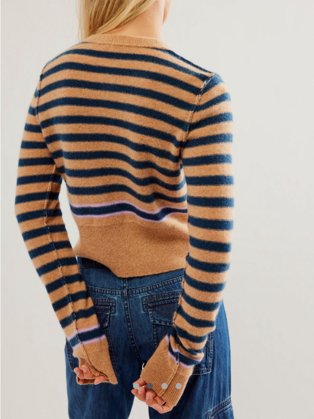 Free People Sailor Cashmere Striped Navy Blue and Tan Cardigan Sweater [Size S] - Picture 2 of 6